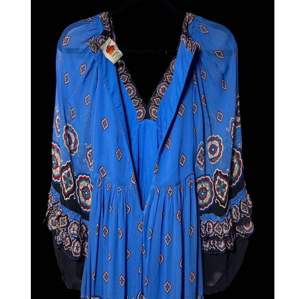 FARM Rio Ainika Tiles Maxi Dress Blue Long Sleeve V Neck Tiered Flowy - Picture 5 of 14